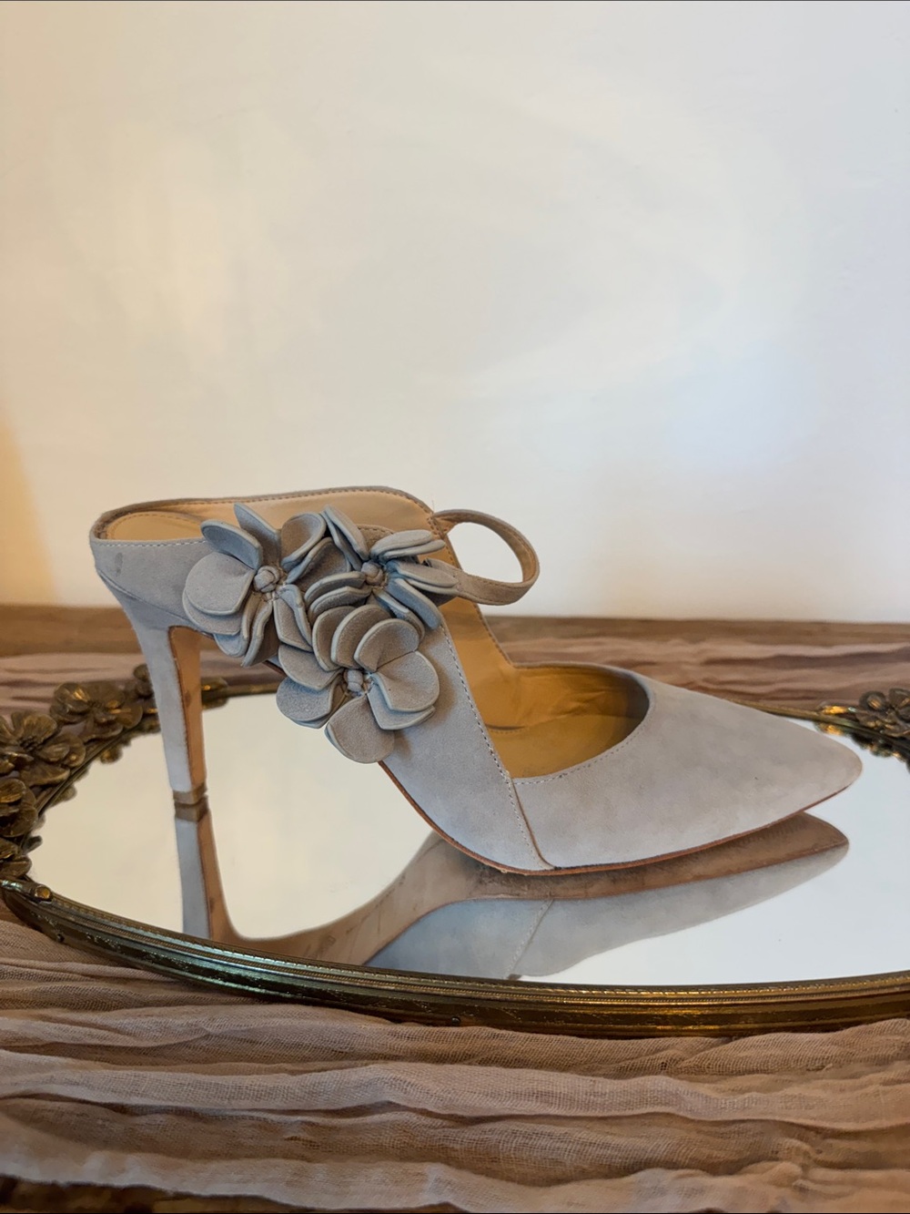 ANTONIO MELANI Light Gray Suede Pointed Floral Slingback Mules